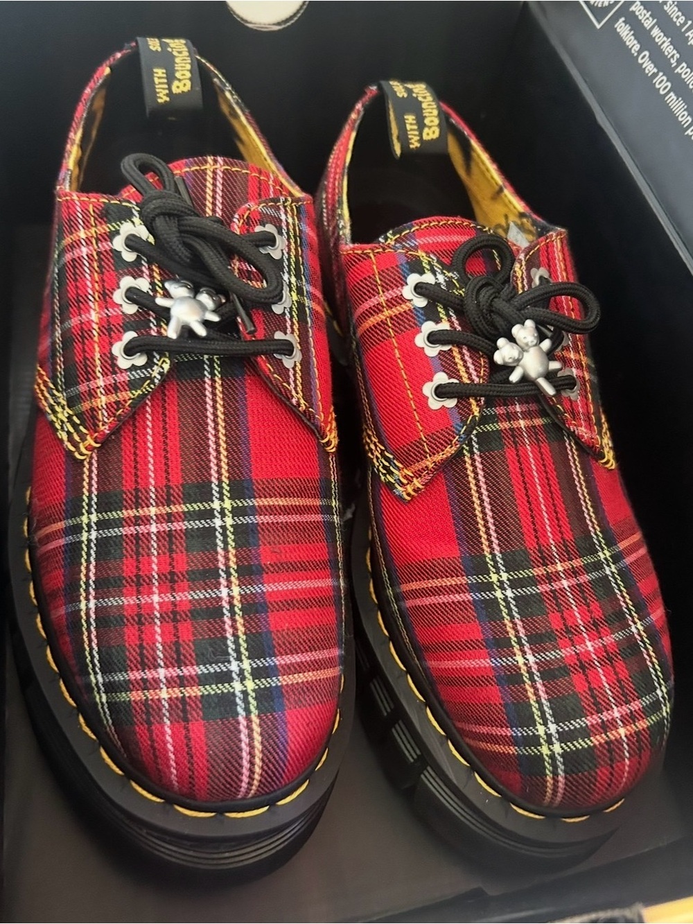 Dr. Martens Red Plaid 3-Eye Loafers with Black Sole